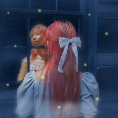Edited composite of a girl looking at another version of herself through a window